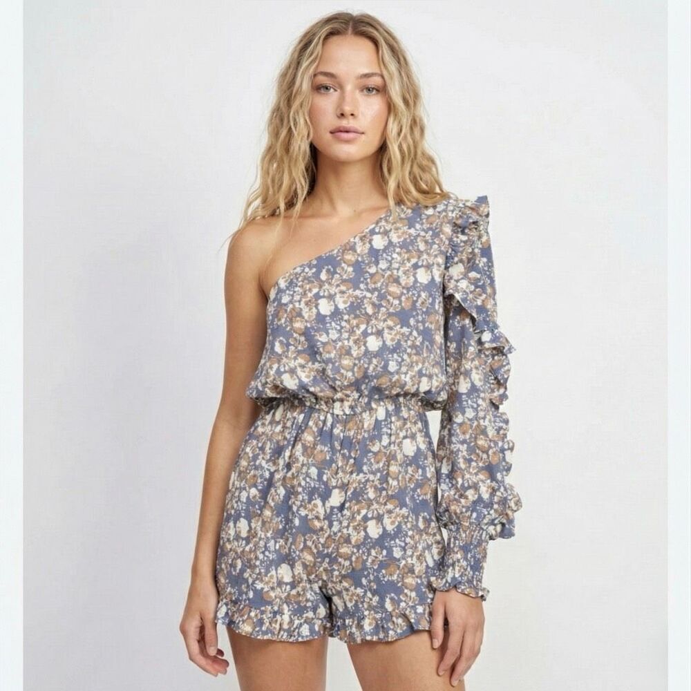 NWT En Saison One Shoulder Floral Print Romper Small Blue Ruffle Hem Summer Boho